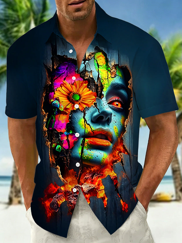 Art Broken Wall Human Face Flame Creative Men's Pocket Short Sleeve Shirts