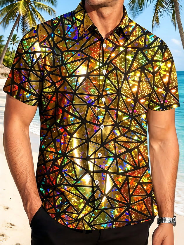 Art Gold Foil Broken Glass Geometry Men's Pocket Short Sleeve Shirts