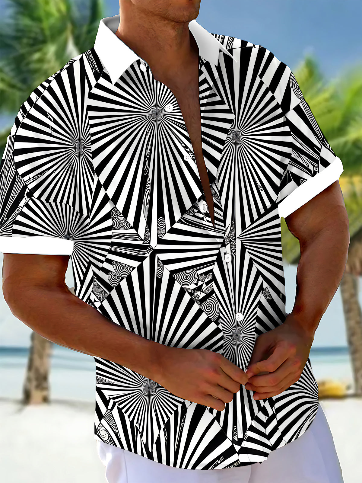 Art Black White Radial Optical Illusion Men's Pocket Short Sleeve Shirts