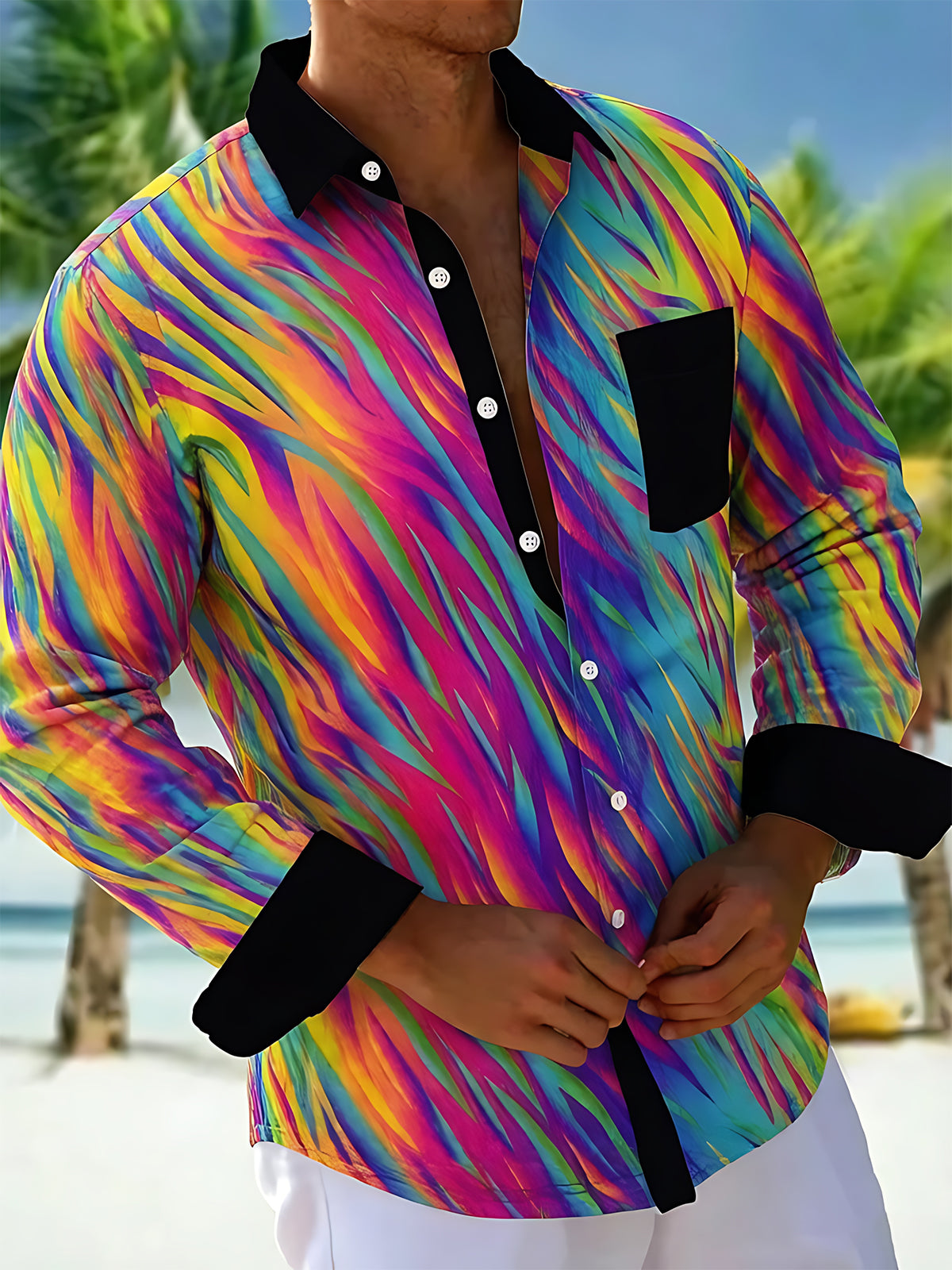 Colorful Streamline Gradient Geometry Men's Pocket Long Sleeve Shirts