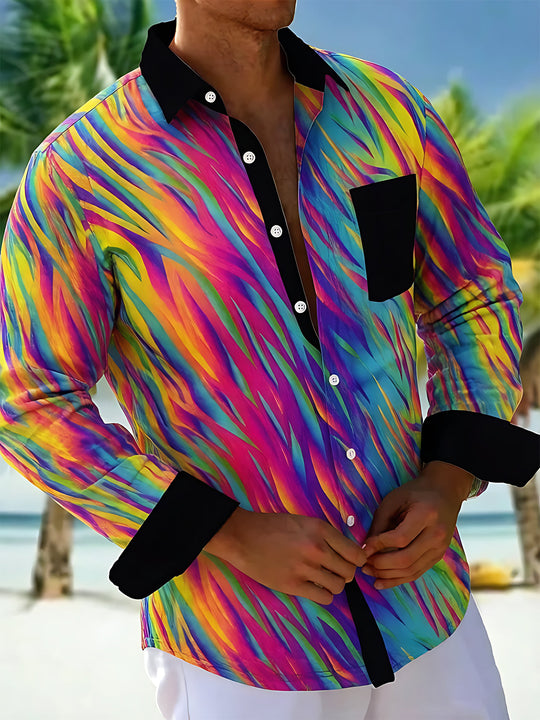 Colorful Streamline Gradient Geometry Men's Pocket Long Sleeve Shirts