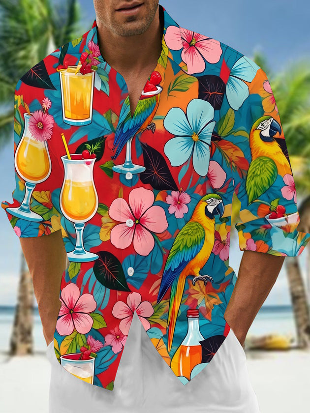 Hawaiian Tropical Parrot Cocktail Floral Men's Pocket Long Sleeve Shirts