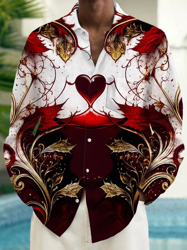 Vintage Gilded Vine Heart Men's Pocket Long Sleeve Shirts