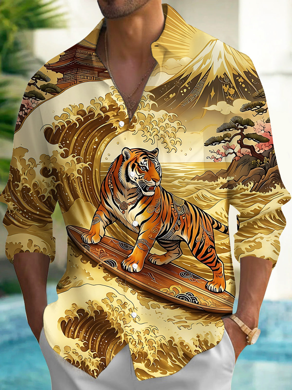 Fun Surfing Tiger Seascape Men's Pocket Long Sleeve Shirts