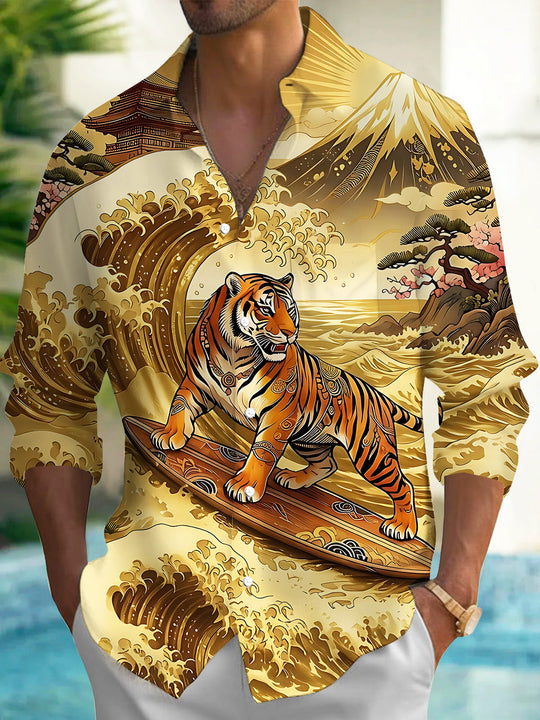 Fun Surfing Tiger Seascape Men's Pocket Long Sleeve Shirts