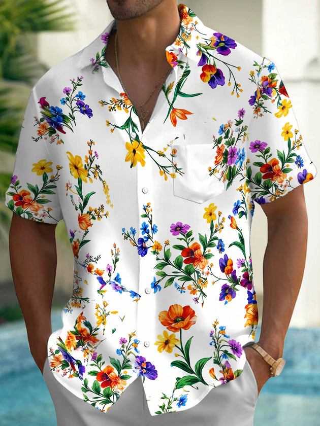 Colorful Wildflower Floral Men's Pocket Short Sleeve Shirts