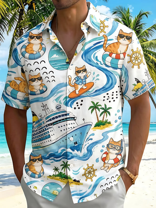 Fun Hawaiian Vacation Surfing Orange Cat Nautical Men's Pocket Short Sleeve Shirts