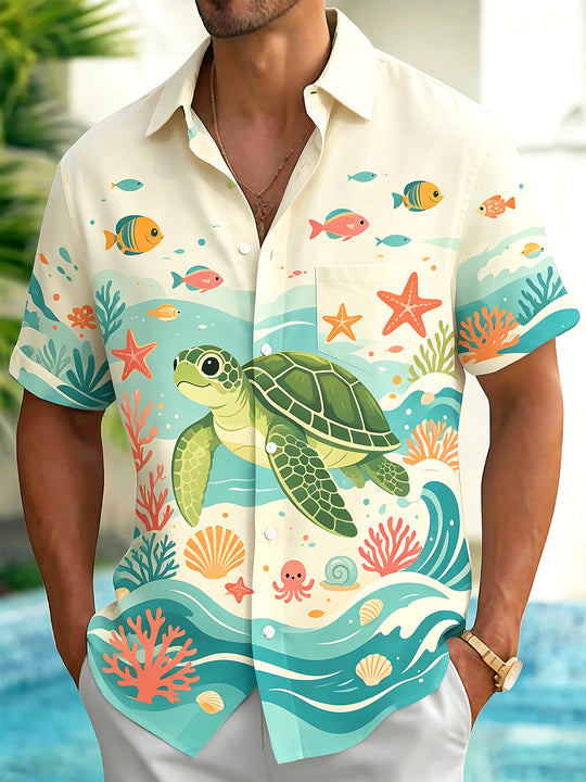 Fun Ocean Turtle Coral Men's Pocket Short Sleeve Shirts
