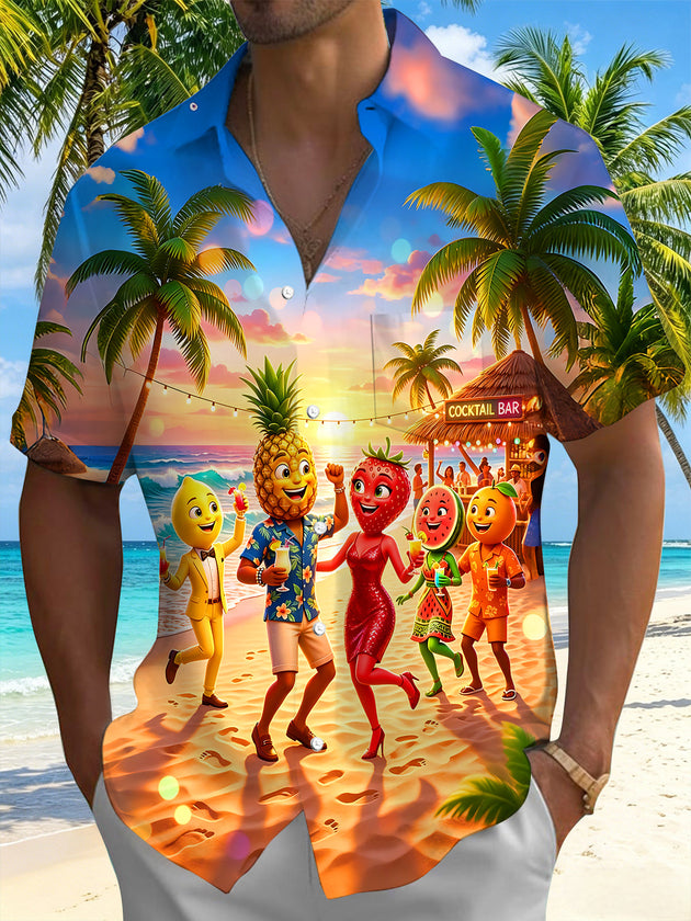 Fun Hawaiian Beach Anthropomorphic Fruit Party Men's Pocket Short Sleeve Shirts