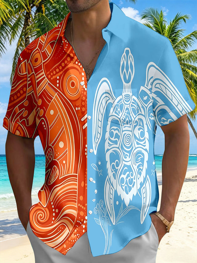 Hawaiian Ethnic Totem Kangaroo Turtle Color Block Men's Pocket Short Sleeve Shirts