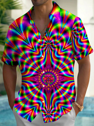 Adaychic Men's Abstract Psychedelic Mandala Swirl Print Short Sleeve Shirt with Chest Pocket