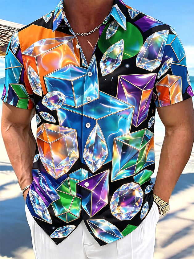Iridescent Colorful Faceted Crystal Gem Geometry Men's Pocket Short Sleeve Shirts