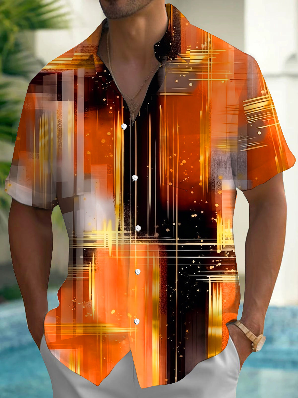 Art Orange Gold Stream Vertical Abstract Men's Pocket Short Sleeve Shirts