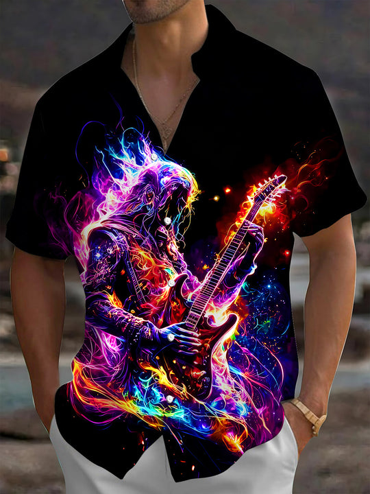 Neon Cool Colorful Flame Guitar Performer Men's Pocket Short Sleeve Shirts