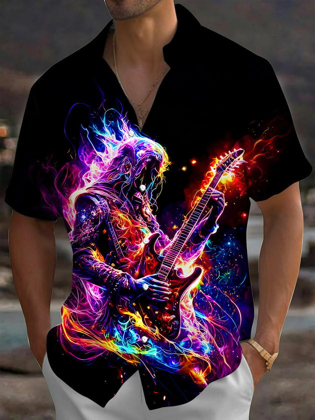 Neon Cool Colorful Flame Guitar Performer Men's Pocket Short Sleeve Shirts