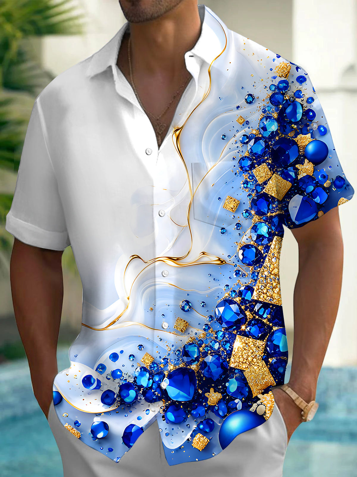 Art Blue Gem Gold Foil Fluid Luxury Men's Pocket Short Sleeve Shirts