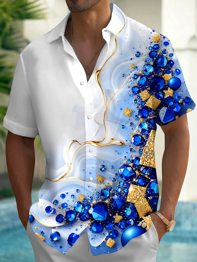 Art Blue Gem Gold Foil Fluid Luxury Men's Pocket Short Sleeve Shirts
