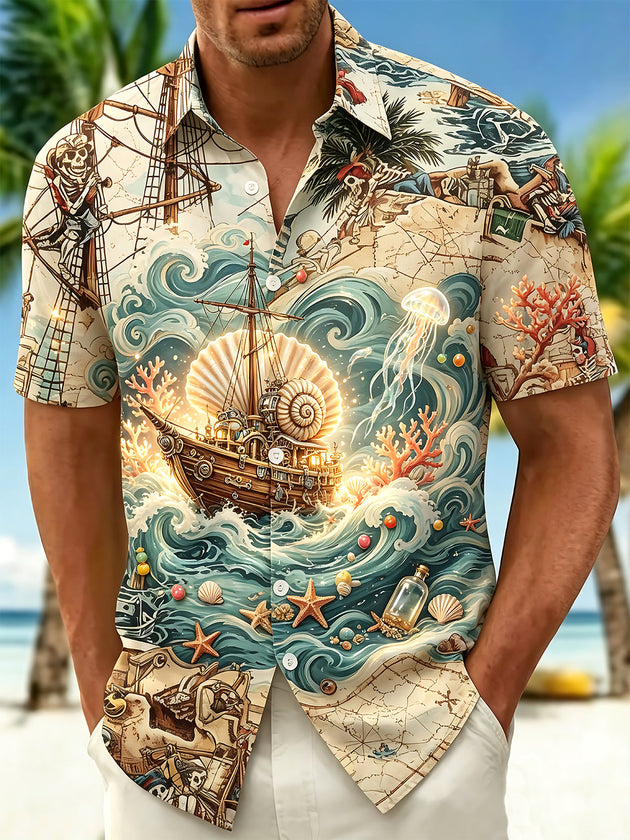 Vintage Pirate Nautical Treasure Ship Men's Pocket Short Sleeve Shirts