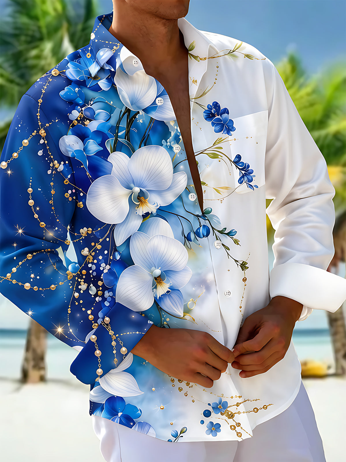 Art Blue Orchid Floral Pearl Men's Pocket Long Sleeve Shirts