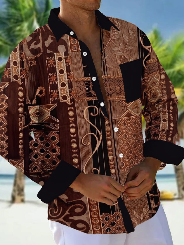 Retro Ethnic Geometric Pattern Men's Pocket Long Sleeve Shirts