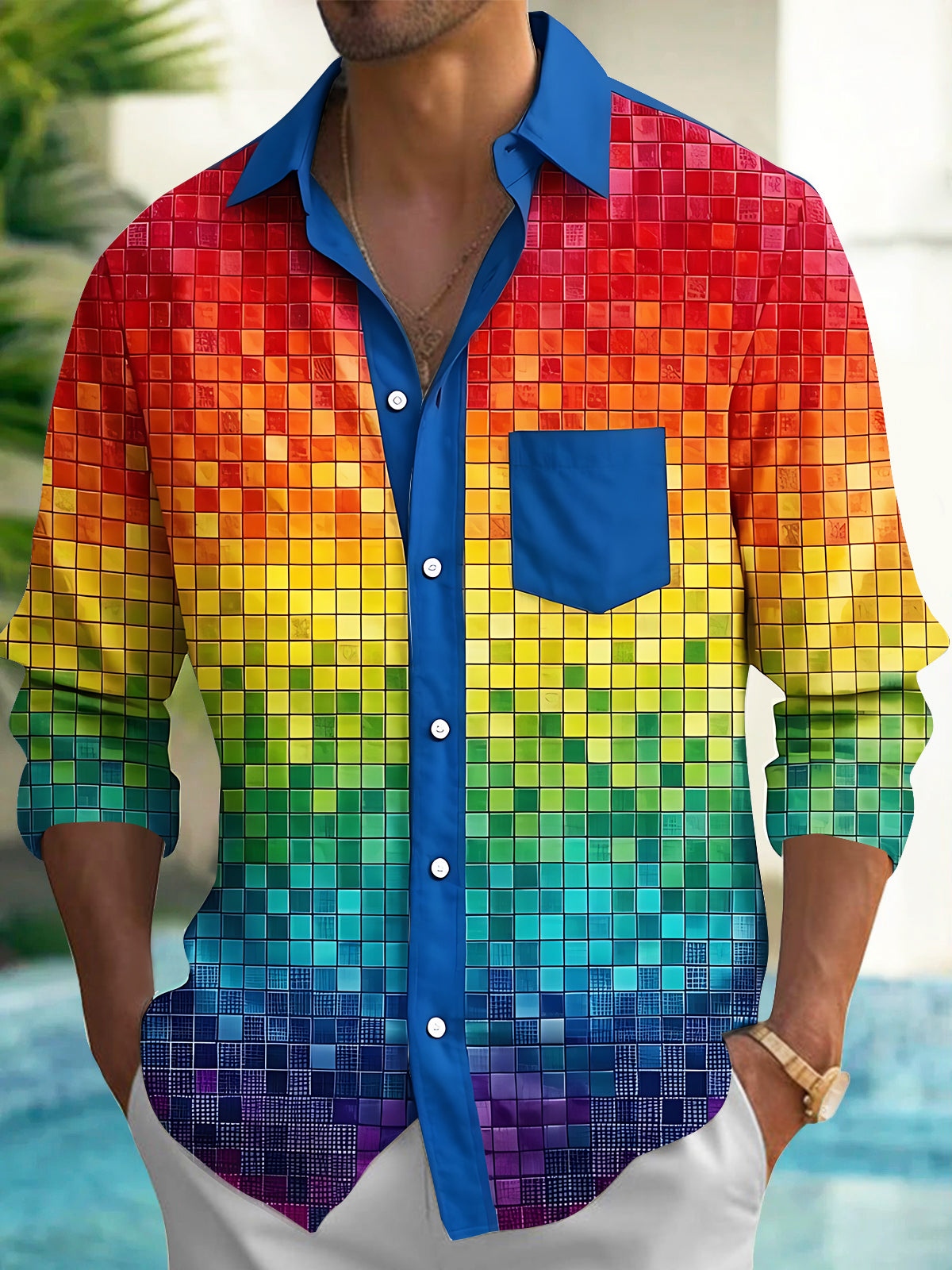 Colorful Mosaic Grid Men's Pocket Long Sleeve Shirts