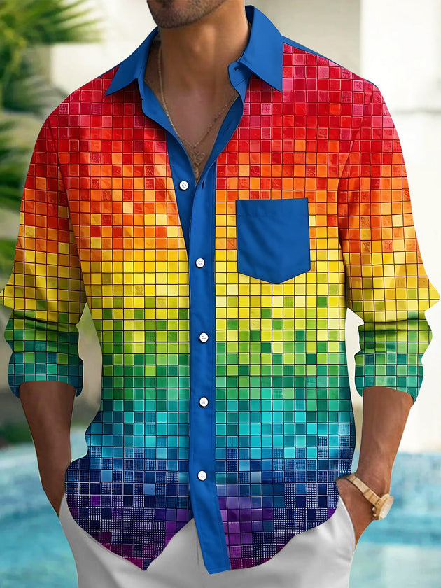 Colorful Mosaic Grid Men's Pocket Long Sleeve Shirts