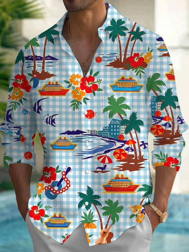 Plaid Island Cruise Vacation Men's Pocket Long Sleeve Shirts
