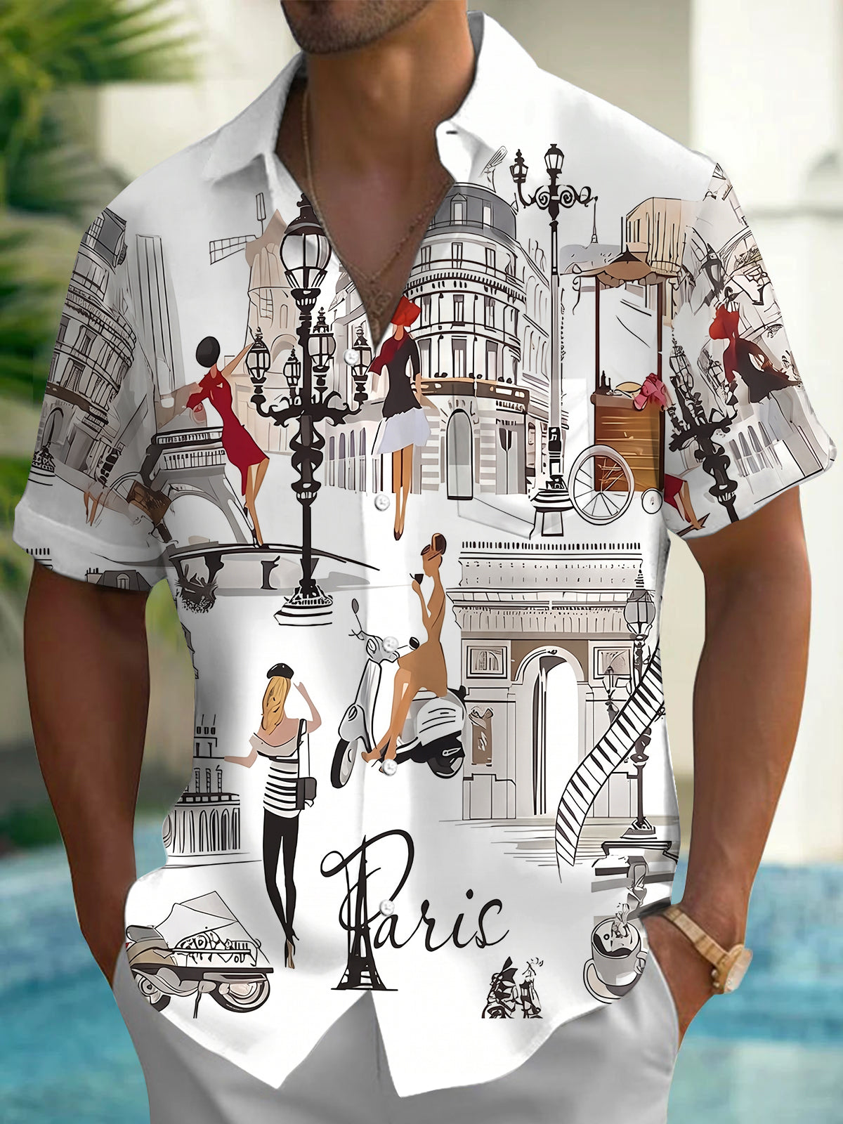 Paris City Sketch Men's Pocket Short Sleeve Shirts