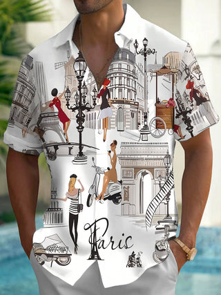 Adaychic Men's Graphic Paris Cityscape Sketch Print Short Sleeve Button Down Shirt with Chest Pocket