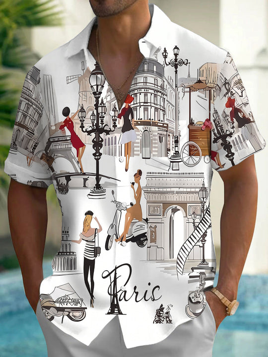 Paris City Sketch Men's Pocket Short Sleeve Shirts