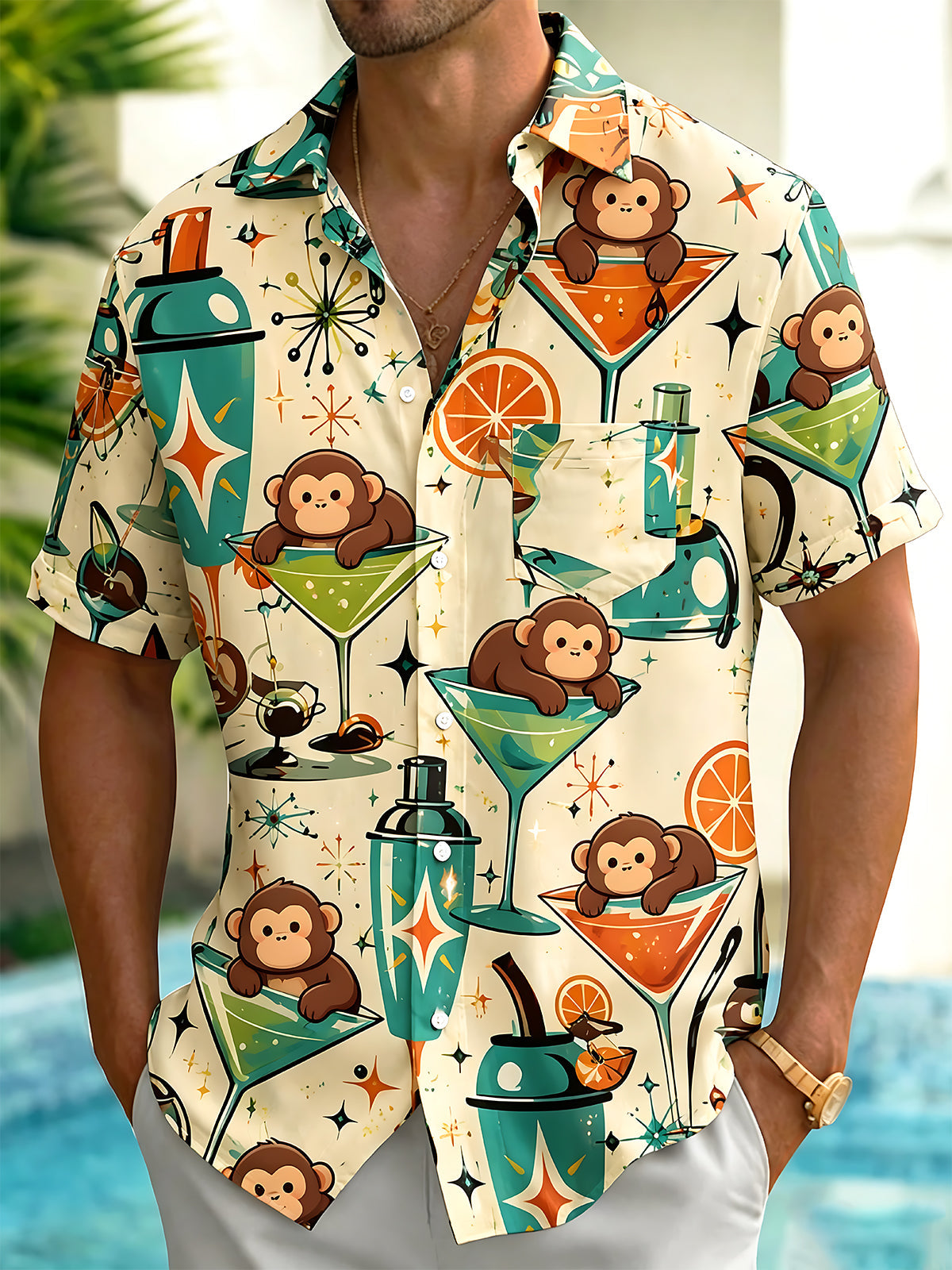 Cute Monkey Cocktail Retro Vacation Men's Pocket Short Sleeve Shirts