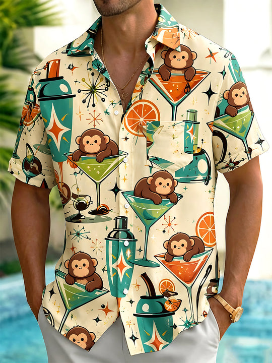Cute Monkey Cocktail Retro Vacation Men's Pocket Short Sleeve Shirts