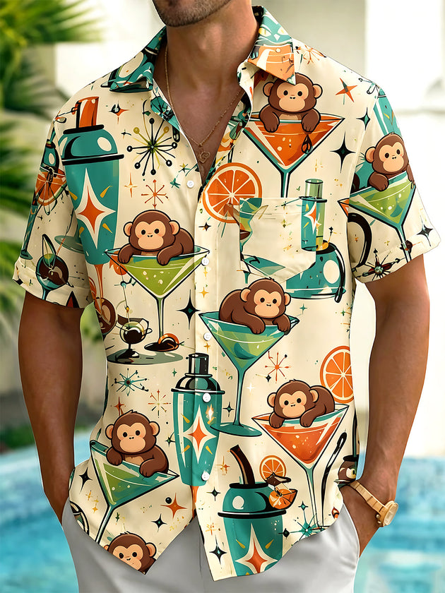 Cute Monkey Cocktail Retro Vacation Men's Pocket Short Sleeve Shirts