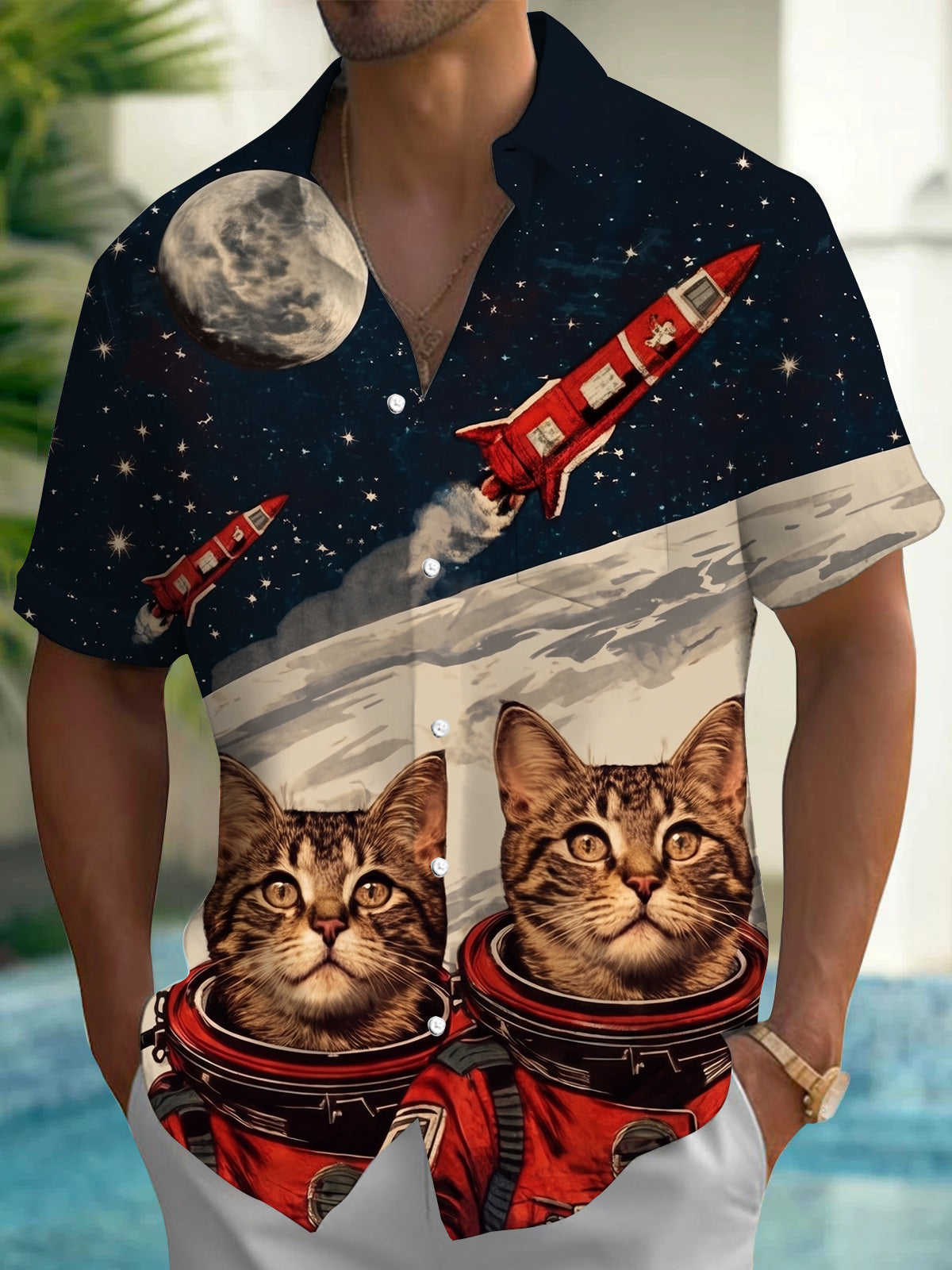 Space Astronaut Cat Rocket Men's Pocket Short Sleeve Shirts