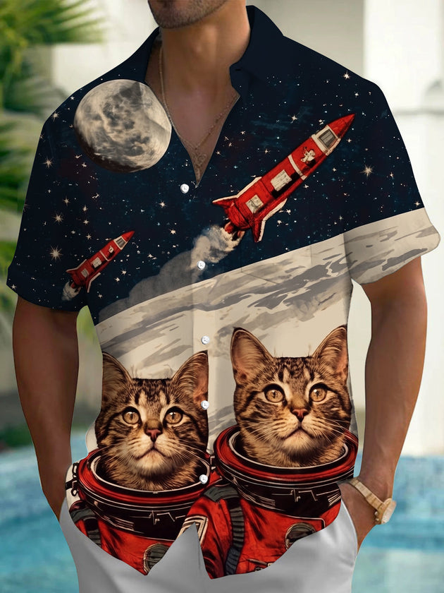 Space Astronaut Cat Rocket Men's Pocket Short Sleeve Shirts