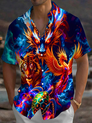 Adaychic Men's Graphic 3D Dragon Tiger Phoenix Turtle Print Short Sleeve Button Down Shirt with Chest Pocket