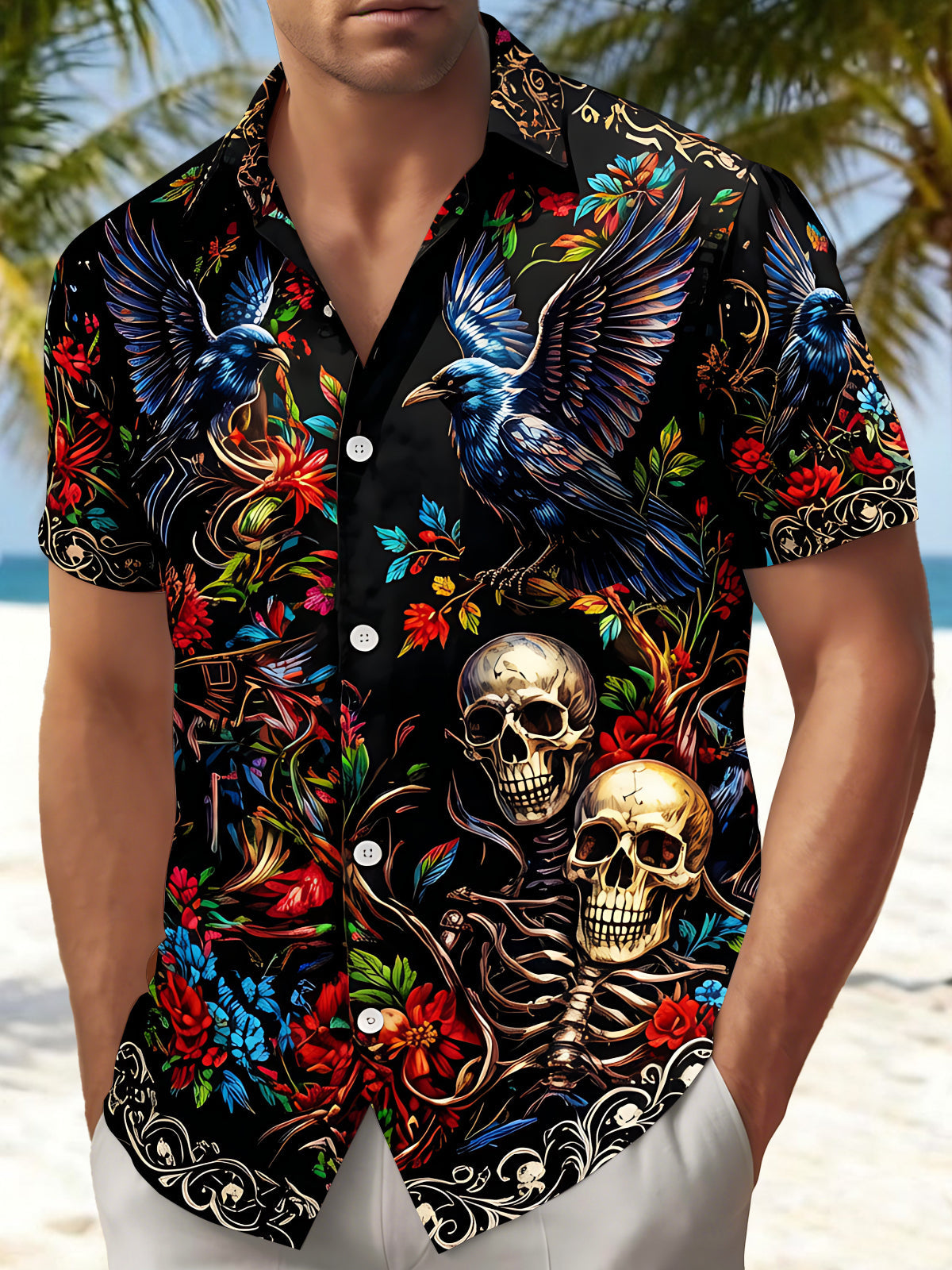 Skeleton Crow Floral Men's Pocket Short Sleeve Shirts