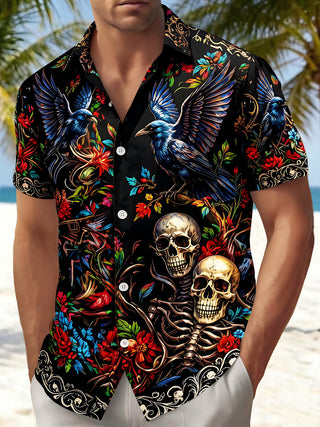 Adaychic Men's Graphic 3D Raven Skull Floral Print Short Sleeve Button Down Shirt with Chest Pocket