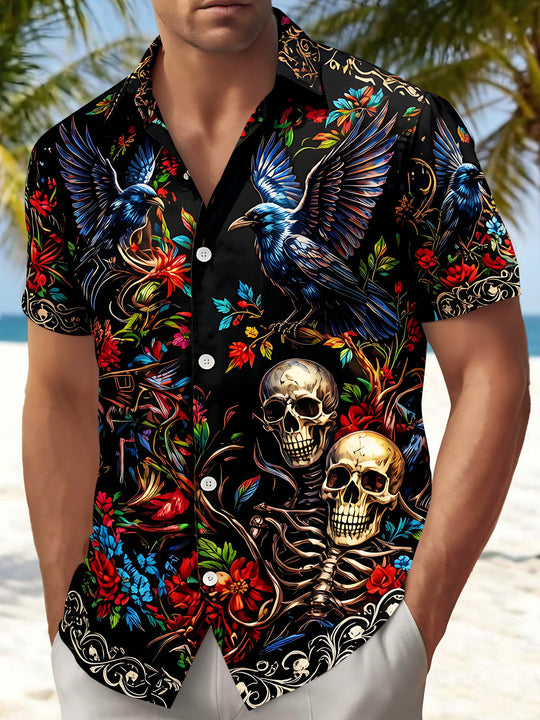 Skeleton Crow Floral Men's Pocket Short Sleeve Shirts