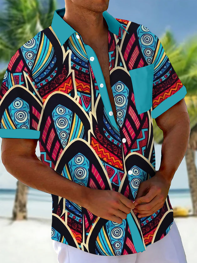 Tribal Geometric Pattern Men's Pocket Short Sleeve Shirts