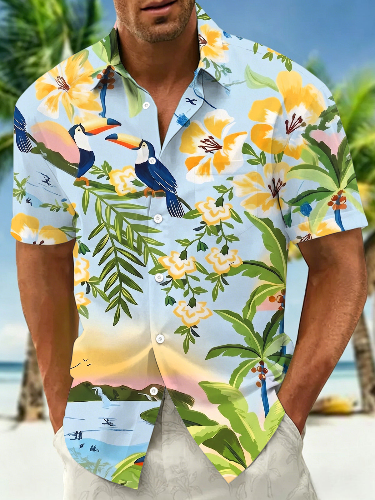 Toucan Tropical Floral Seascape Men's Pocket Short Sleeve Shirts