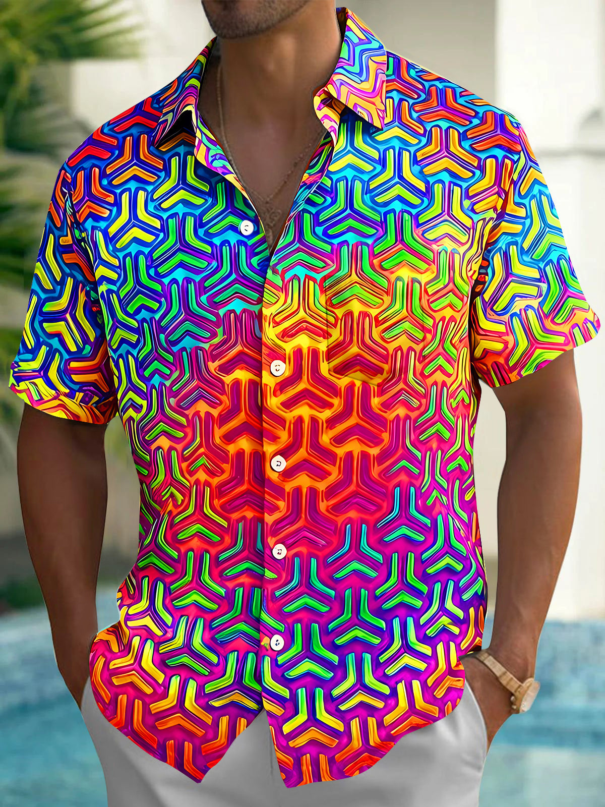 Colorful 3D Geometric Texture Men's Pocket Short Sleeve Shirts