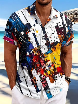 Adaychic Men's White Blue Graphic Abstract Paint Splatter Print Short Sleeve Button Down Shirt with Chest Pocket