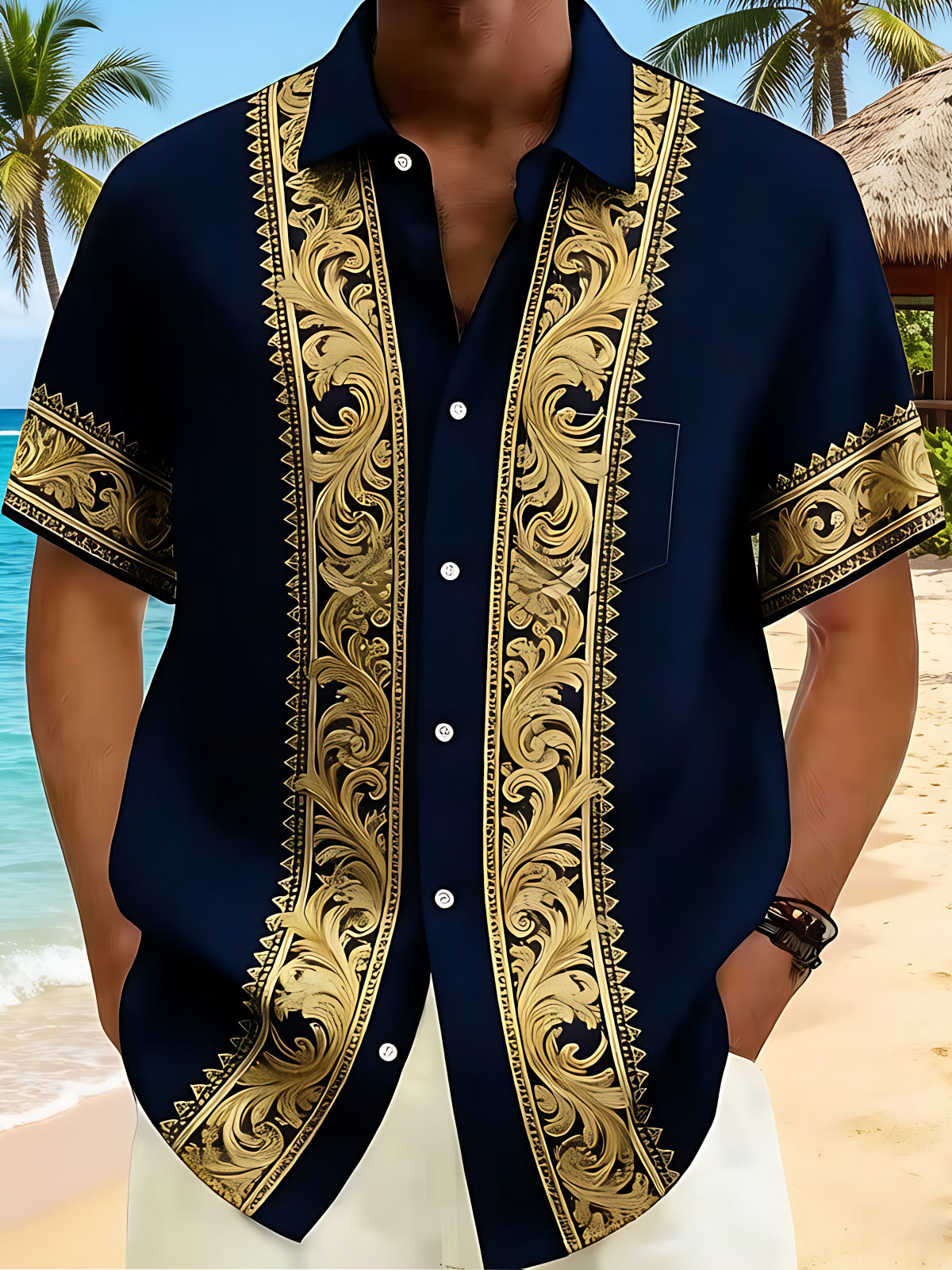 Navy Gold Baroque Carved Men's Pocket Short Sleeve Shirts