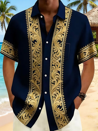Adaychic Men's Graphic Gold Baroque Scroll Pattern Print Short Sleeve Button Down Shirt with Chest Pocket