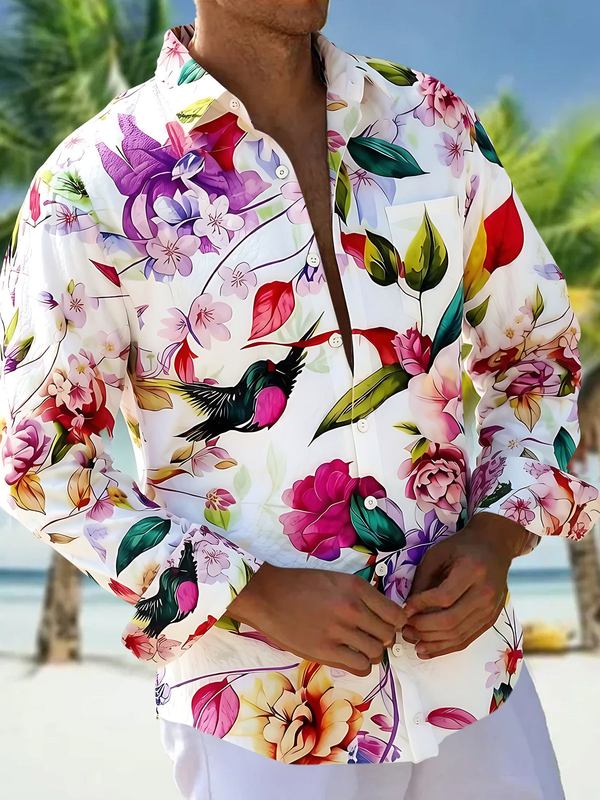 Art Fresh Floral Hummingbird Men's Pocket Long Sleeve Shirts