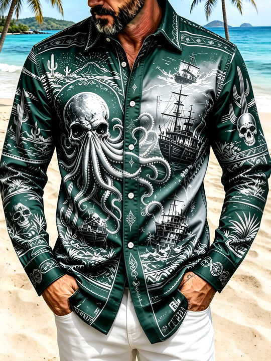 Vintage Deep Sea Pirate Octopus Skull Sailboat Men's Pocket Long Sleeve Shirts
