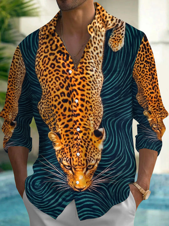 Art 3D Leopard Animal Wave Texture Men's Pocket Long Sleeve Shirts