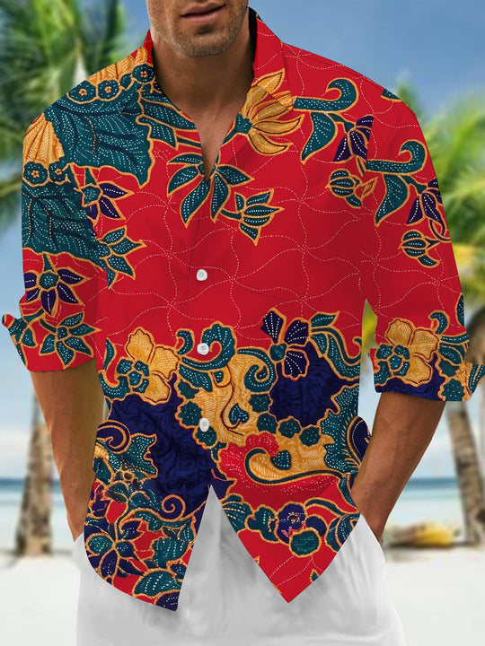 Vintage Art Batik Floral Pattern Men's Pocket Long Sleeve Shirts