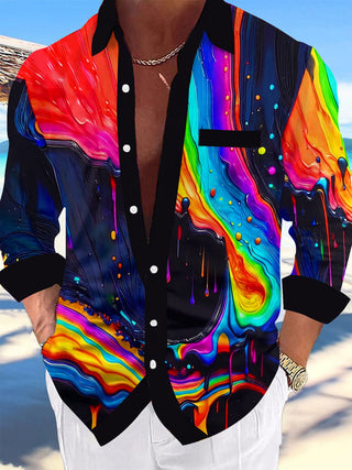 Adaychic Men's Graphic Abstract Rainbow Dripping Paint Print Long Sleeve Button Down Shirt with Chest Pocket